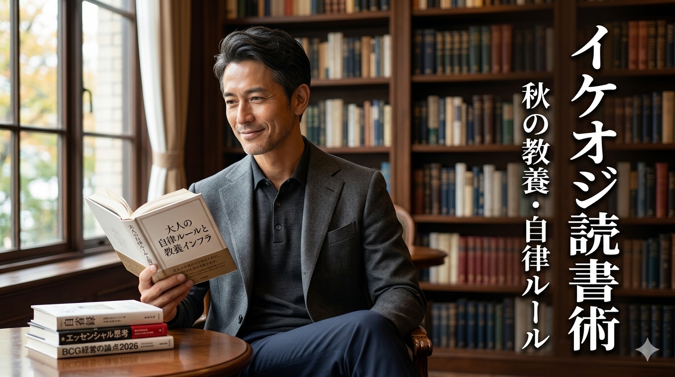 重厚な木製の洋書棚が美しく並ぶ洗練された書斎のソファに腰掛け、シックなチャコールグレーのジャケットをスマートに着こなした40代既婚メンズが、手元の教養本を優しく開きながら知的な余裕の笑みを浮かべて佇んでいる風景。デスクの上には実在するBCG経営の論点などの書籍が積まれており、画面右側には大きな縦書きの白い立体フォントでイケオジ読書術とだけ文字が入ったアイキャッチ画像