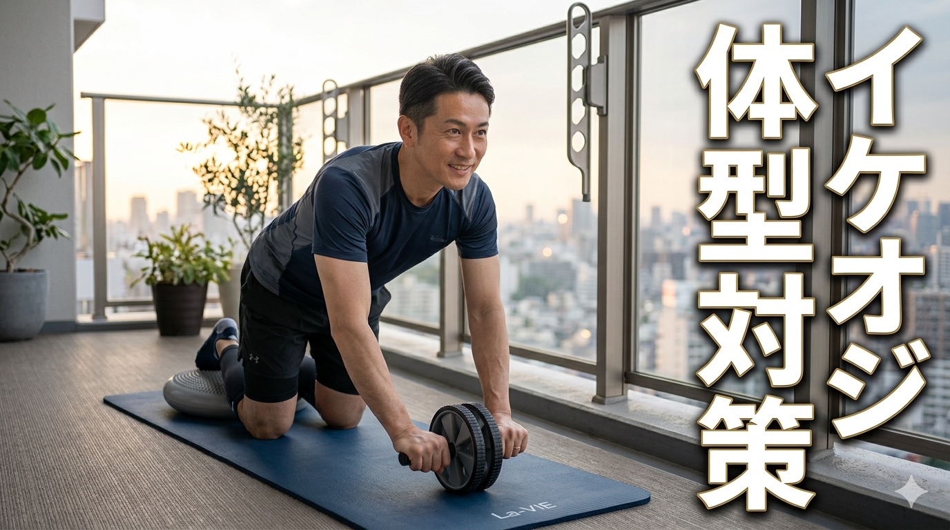 初秋の柔らかな陽光が差し込む洗練されたモダンなリビング（ベランダ前）で、シックな濃紺のスポーツウェアとショートパンツをスマートに着こなした40代既婚メンズが、床に敷いたLa-VIEのネイビーマットの上で、アディダスのアブホイール（腹筋ローラー）を両手でしっかりと握り、バランスクッションに膝を乗せて四つん這いでトレーニングの所作を行いながら、知的な余裕の笑みを浮かべている風景。右側には大きな縦書きの白い文字で「イケオジ体型対策」とだけ入った第126.5記事目の最終決定版アイキャッチ画像