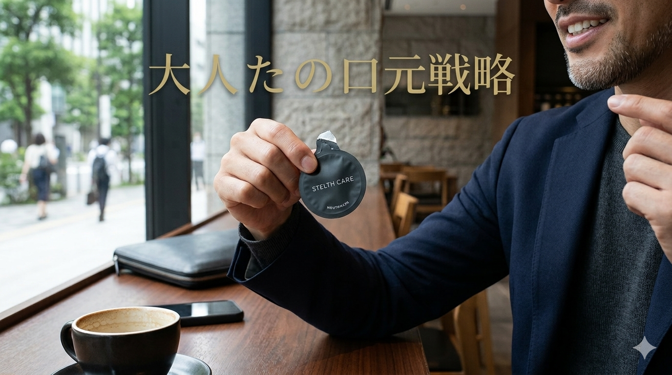洗練されたカフェの窓際で、手元にコーヒーカップを置き、携帯用の黒いマウスウォッシュポーションを手にしたネイビーのジャケット姿の40代既婚ビジネスマンの口元。上部にはメタリックシルバーのスタイリッシュな明朝体フォントで大人の口元戦略と文字入れされたアイキャッチ画像