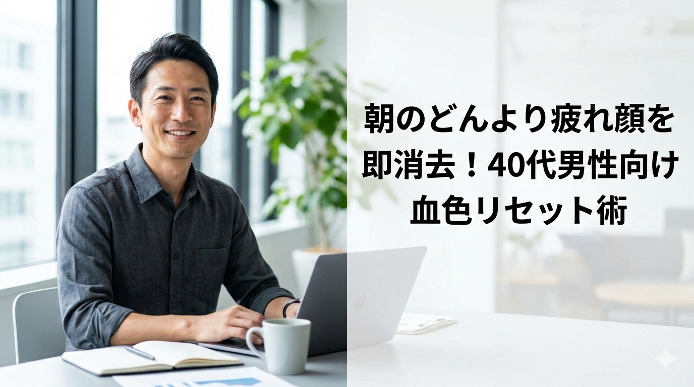 • 洗練されたモダンなオフィスの窓際デスクで、シックなダークグレーのシャツをスマートに着こなした40代既婚メンズが、内なる温活インフラによって驚くほどクリーンでフレッシュな血色を取り戻し、知的な大人の余裕の笑みを浮かべて佇んでいる風景。デスクの上にはノートPCやマグカップが並んでおり、画面右側には大きな立体フォントで朝のどんより疲れ顔を即消去！40代男性向け血色リセット術とだけ文字が入ったアイキャッチ画像