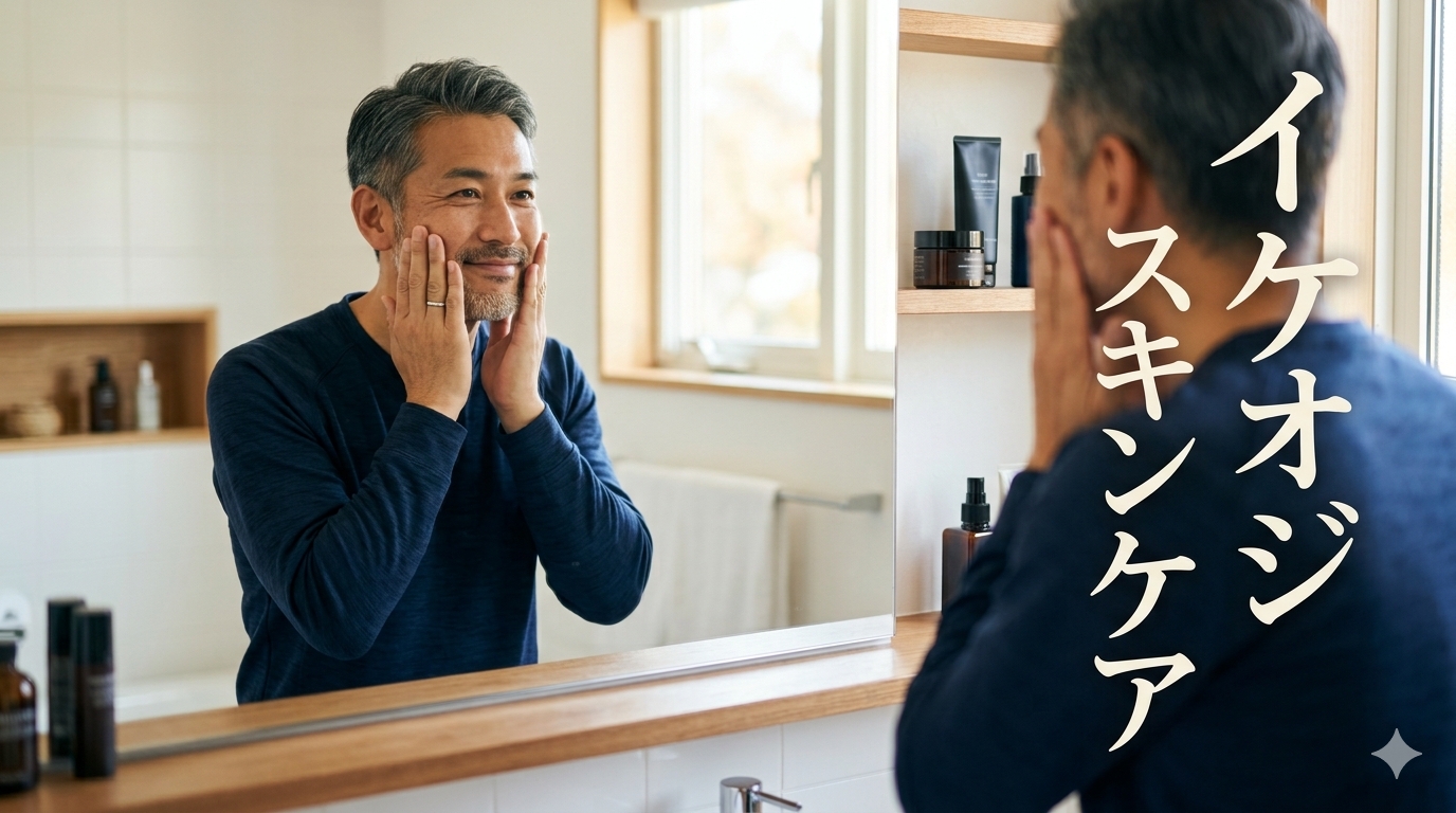 初秋の柔らかな朝の光が差し込む洗練されたモダンな洗面台の前で、シックなダークネイビーのスポーツウェアをスマートに着こなした40代既婚メンズが鏡に向き合い、乾燥を防ぐために両手のひらで優しく頬を包み込んでハンドプレスを行いながら、知的な余裕の笑みを浮かべている風景