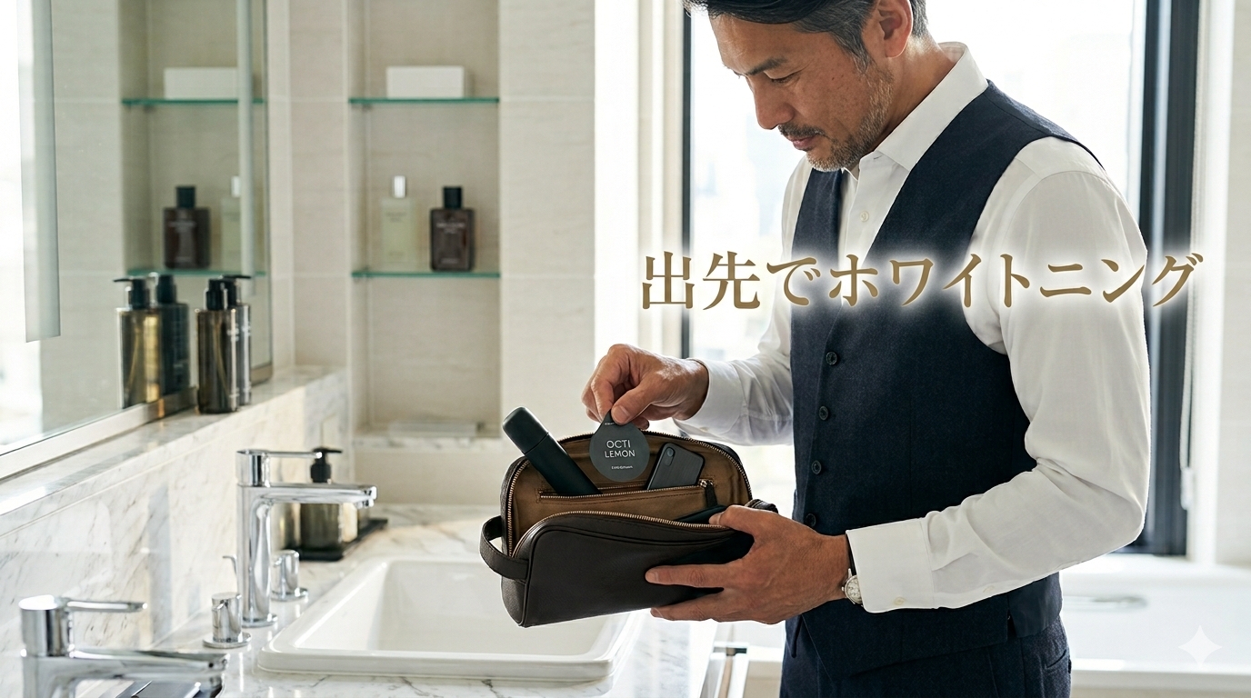 洗練されたモダンな洗面台を背景に、白髪交じりの髪を整えた40代メンズが、ネイビーのスーツベストを着用し、携帯用の黒いホワイトニングガジェットをスマートに持ち物に仕込む朝の風景。上部にはメタリックシルバーの文字で大人の口元戦略と入ったアイキャッチ画像
