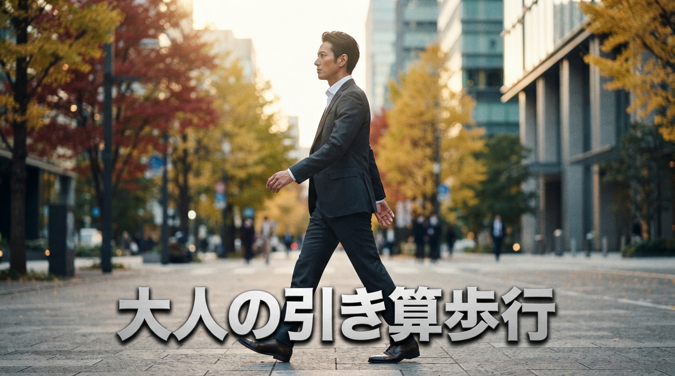 • 秋の柔らかな木漏れ日が差し込む都会のオフィス街で、スマートフォンなどのノイズを完全に引き算し、10メートル先を見つめながら凛としたフォームで力強く歩く、ソリッドなグレースーツを纏った43歳のイケオジビジネスマンのライフスタイル構図