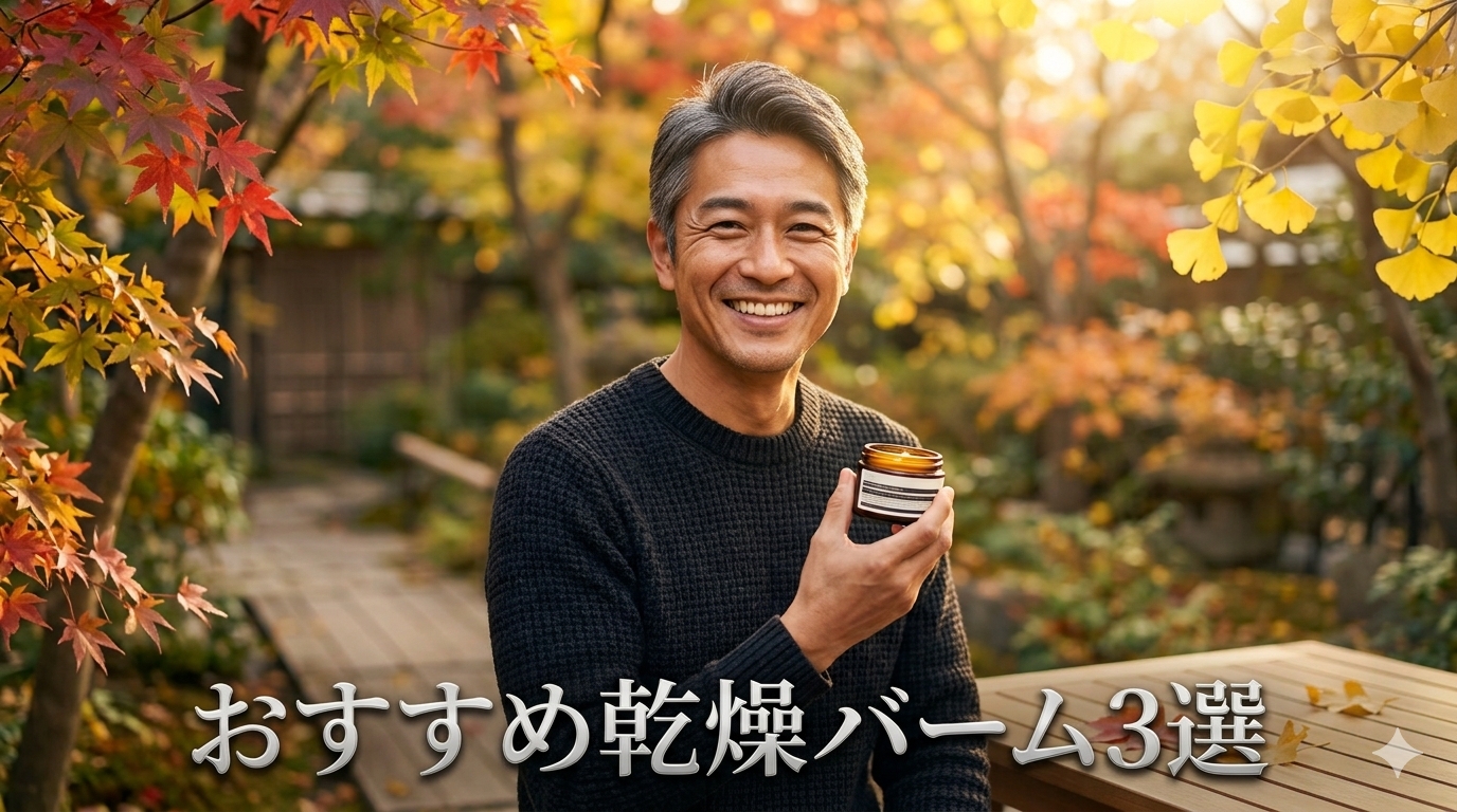 • 鮮やかに色づく秋の紅葉に囲まれたテラス席で、手元に薬用保湿バームを持ちながら自然な笑みを浮かべる、現役感あふれる43歳のイケオジビジネスマン