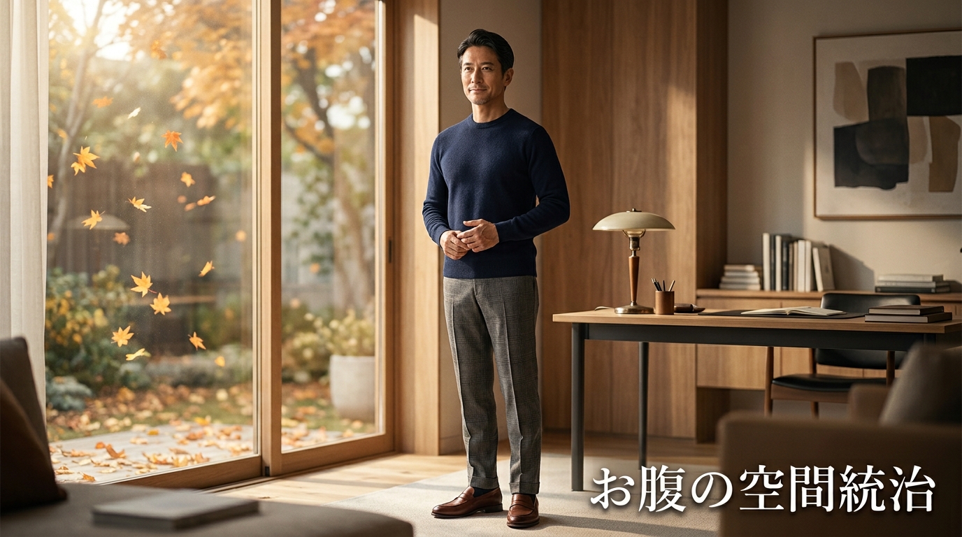 秋の柔らかな朝の光が差し込む洗練されたミニマルな書斎で、過剰な若作りのない凛とした立ち姿を見せ、お腹の空間統治（ドローイン体幹）を体現する43歳のイケオジビジネスマンのライフスタイル構図