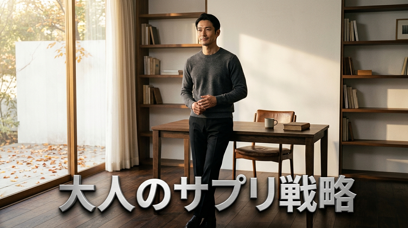 • 秋の柔らかな朝の光が差し込む洗練されたモダンな書斎で、過剰な若作りのない凛とした表情を見せ、大人のサプリ戦略を体現する43歳のイケオジビジネスマンのライフスタイル構図