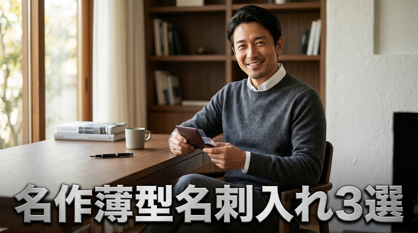 洗練されたモダンな書斎のデスクで、虚飾ノイズを引き算したソリッドな黒の薄型名刺入れを手に持ち、にっこりと自然な笑みを浮かべる43歳著者のライフスタイル構図。画像下部には立体的なメタリックシルバーで「名作薄型名刺入れ3選」の文字が刻まれたブログ用アイキャッチ画像。
