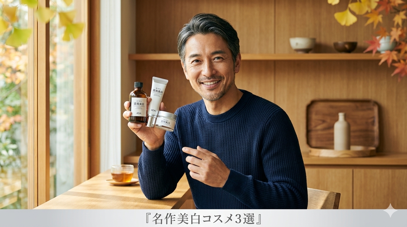柔らかな秋の光が差し込む木目調の洗練された室内で、おすすめの薬用美白コスメを手に持ちながら、大人の清潔感あふれる自然な笑顔を見せる43歳のイケオジビジネスマンのライフスタイル構図