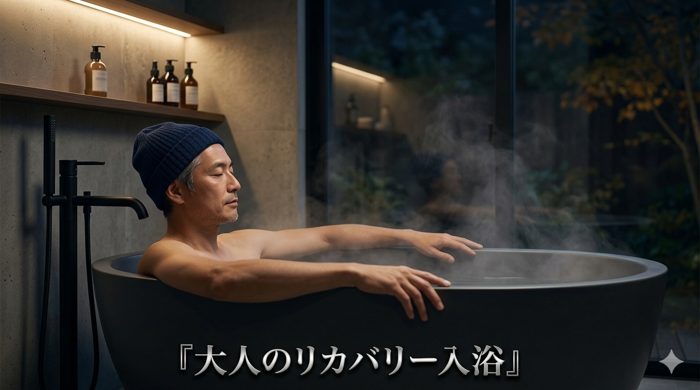 • 夜の柔らかな間接照明が照らす洗練されたモダンなバスルームで、一日の戦いを終えて湯気が立ち上るシックな黒い湯船に静かに浸かり、大人のリカバリー入浴法を体現する43歳のイケオジビジネスマンのライフスタイル構図