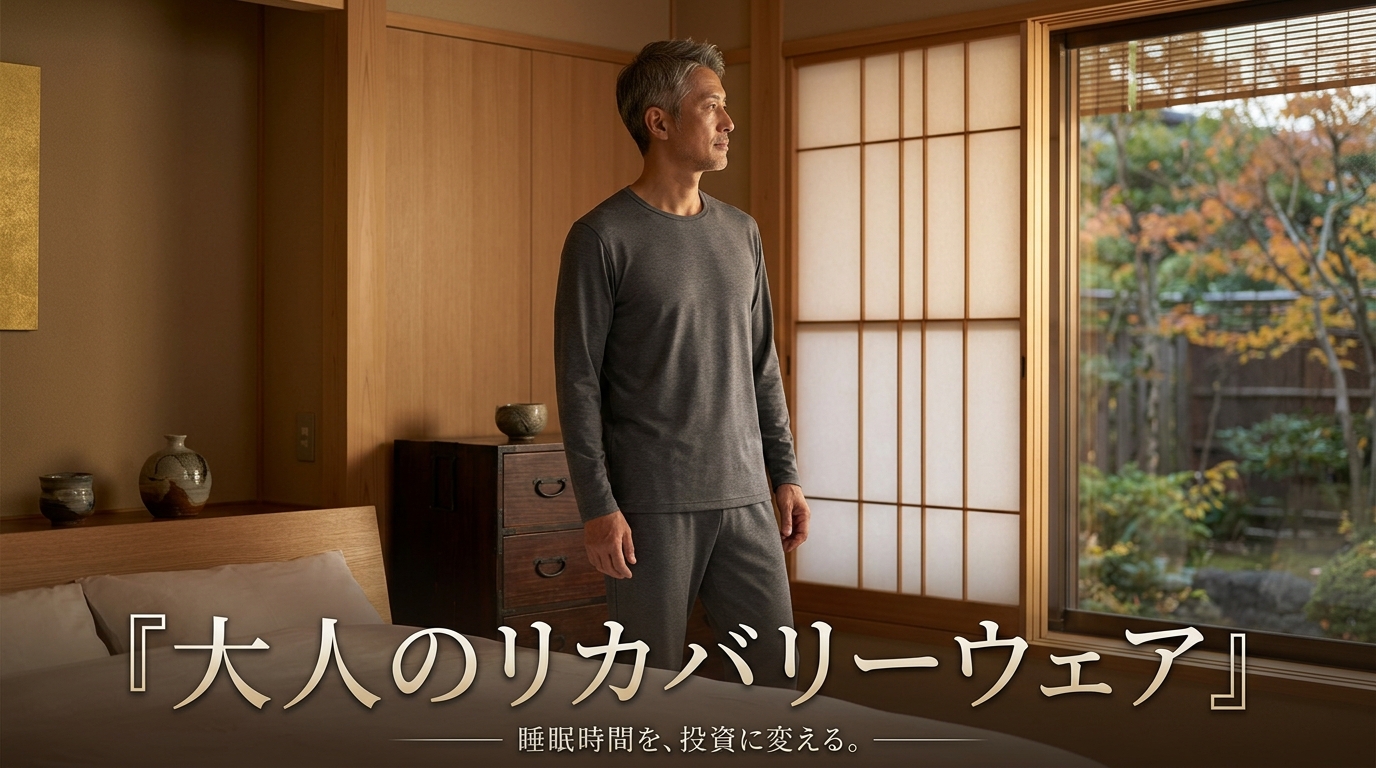夜の間接照明が優しく照らす洗練されたミニマルな寝室で、色彩ノイズを引き算したソリッドなチャコールグレーのリカバリーウェアを纏い、一日の戦いを静かに終えてベッドサイドに佇む43歳のイケオジビジネスマンのライフスタイル構図