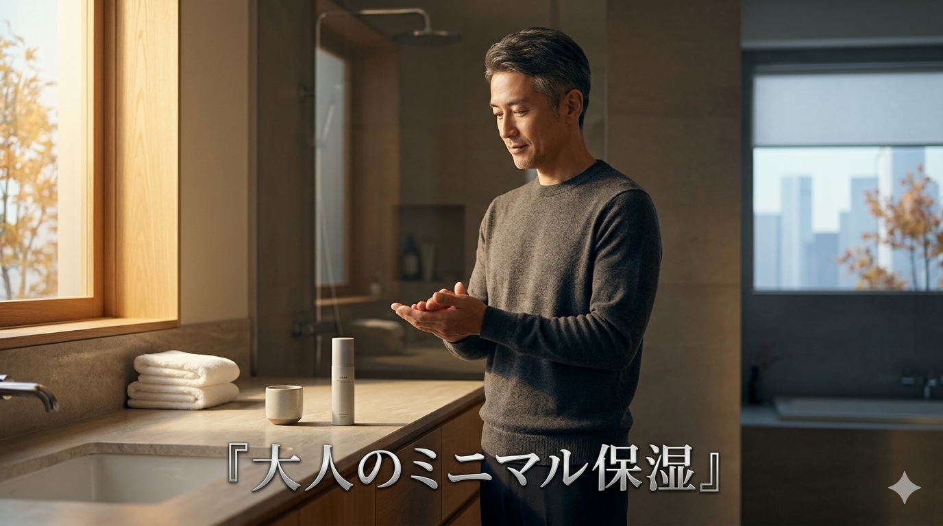 秋の柔らかな光が差し込む洗練された洗面台で、無駄を削ぎ落としたミニマルなスキンケアを行い、肌の空間統治を体現する43歳のイケオジビジネスマン