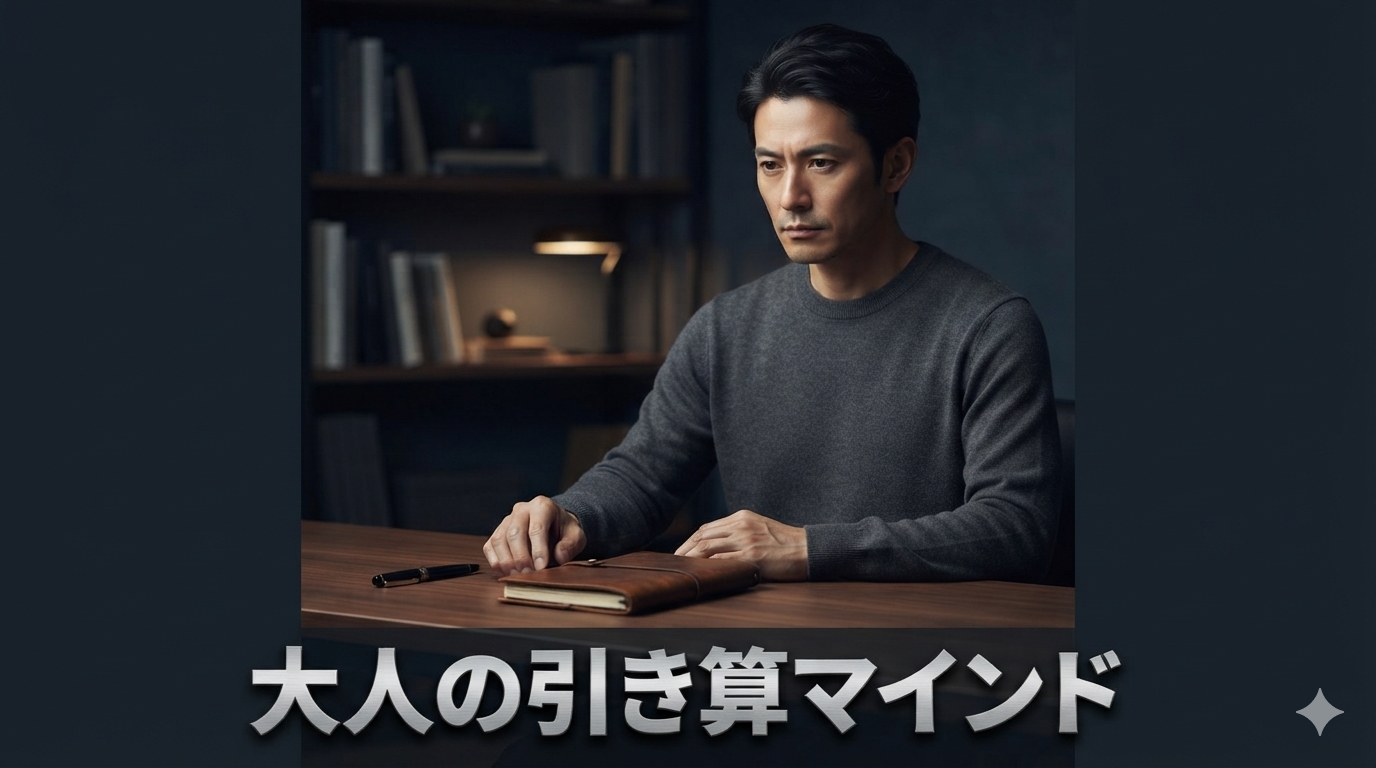 洗練された夜の書斎で一人静かに佇み、大人の引き算マインドを体現する43歳のイケオジビジネスマンのライフスタイル構図