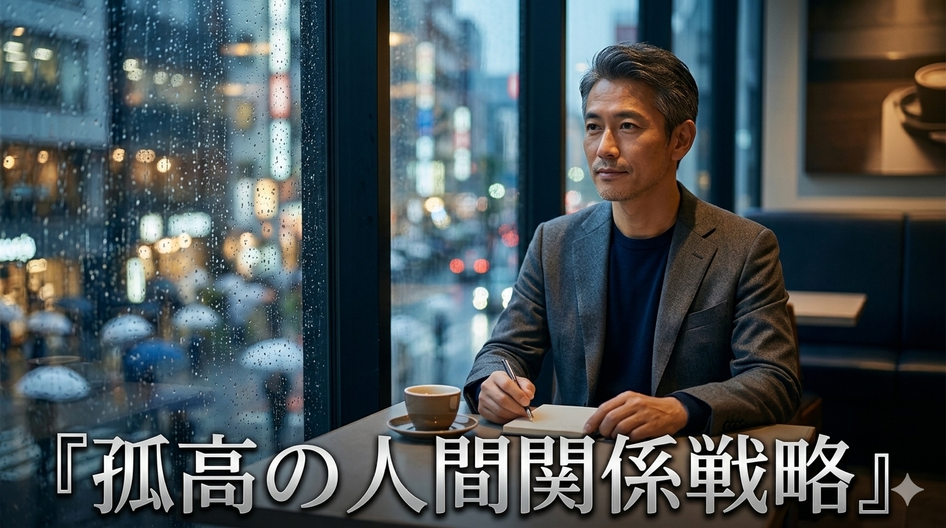 都会の喧騒から離れた洗練されたカフェで一人静かに手帳を開き、孤高の人間関係戦略を体現する43歳のイケオジビジネスマン